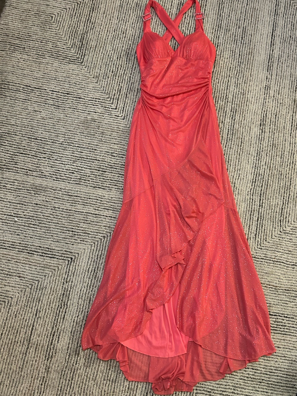 Y2K Pink Sparkle Gown Dress Rhinestone Buckle Straps Ruched Fairy Formal Sz M